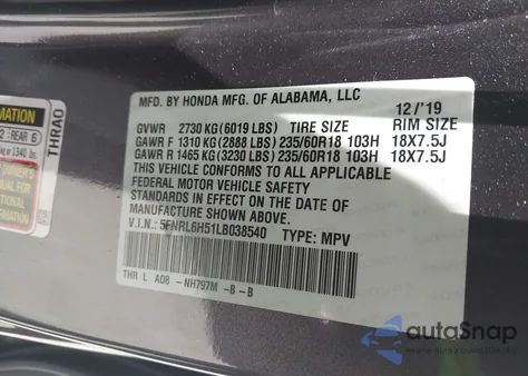 2020 Honda Odyssey Ex from USA, damaged, VIN 5FNRL6H51LB038540